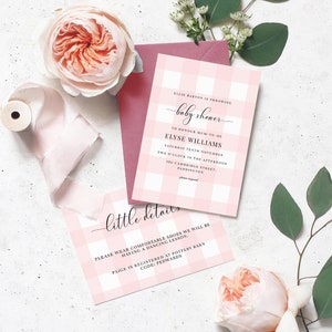 Roze en witte pastel meisje babyshower afdrukbare uitnodiging - boeken voor baby kaart - details kaart bewerkbare sjabloon - picknick babyshower
