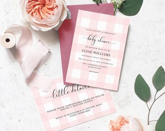 Pink and White Gingham Girl Baby Shower Printable Invitation - Books for baby Card - Details Card Editable Template - Picnic Baby Shower