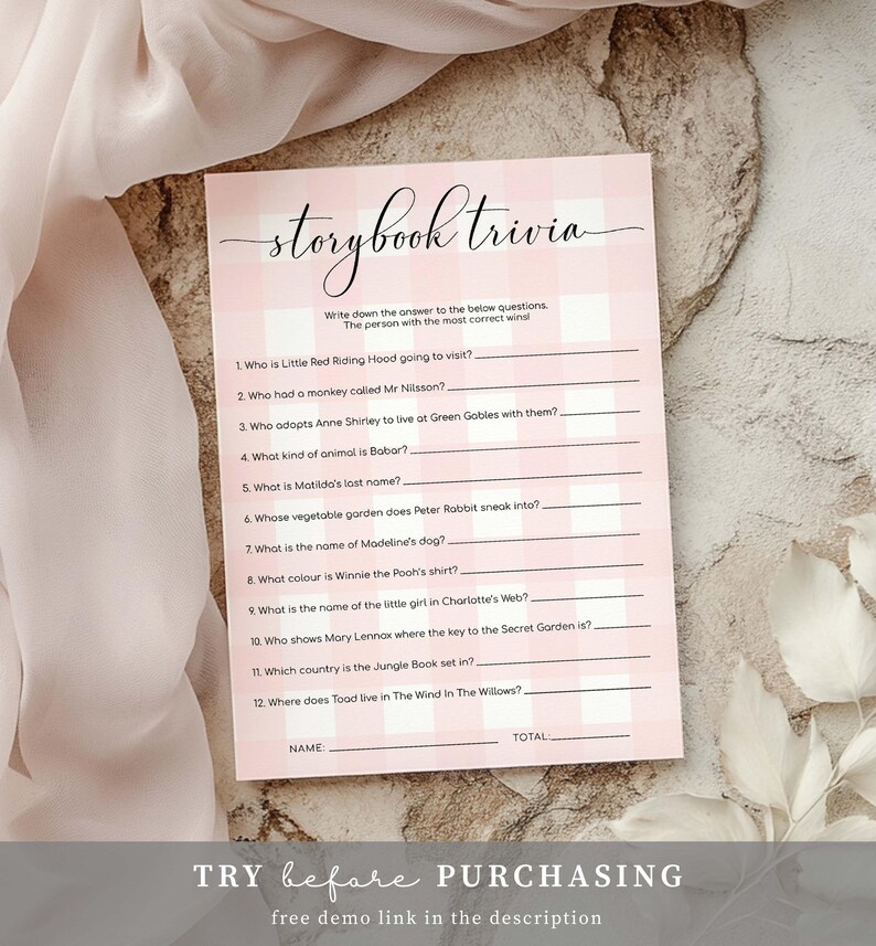 Printable Storybook Trivia Game: Pink Gingham Baby Shower (DIY Template ...