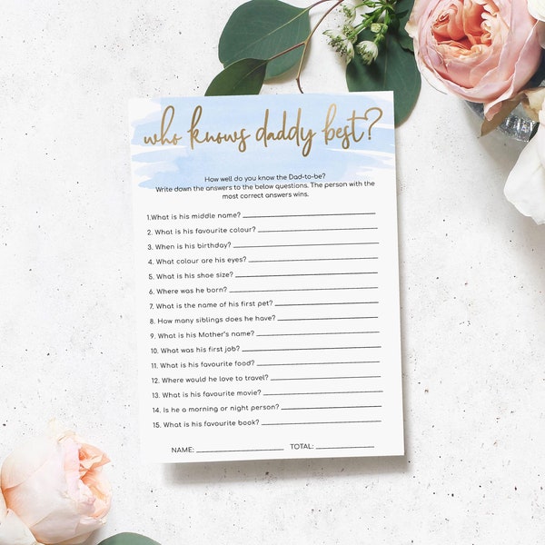 Who Knows Daddy Best? How Well Do You Know Daddy Game, Blue Watercolour Boy Baby Shower Daddy Trivia Game, Gold Foil, Printable Shower Games