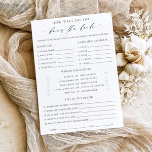 How Well Do You Know The Bride Game, Bridal Shower Trivia Game, Modern Minimalist Wedding Shower Bridal Quiz Game, Ellesmere