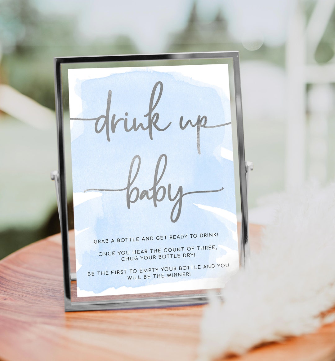 Printable Drink up Baby Game Sign, Blue Watercolour, Baby Bottle