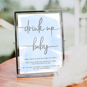 Printable Drink Up Baby Game Sign, Blue Watercolour, Baby Bottle Chugging Game Sign, Baby Bottle Drinking Game Sign, Boy Baby Shower Game
