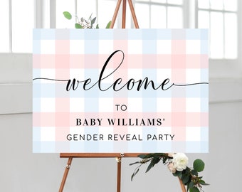 Printable Welcome Sign, Pink Blue Gingham Gender Reveal Party Welcome Sign, Gender Neutral Baby Shower Welcome Sign