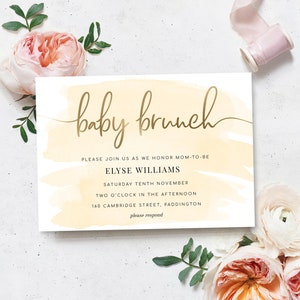 Creme Aquarell Baby Brunch Einladung Vorlage - Goldfolie - Gender Neutral Baby Shower Einladung - Printable Editierbare Einladung