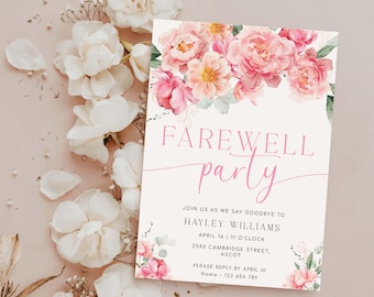 Printable Farewell Party Invitation, Pink Peoney Floral, Piper