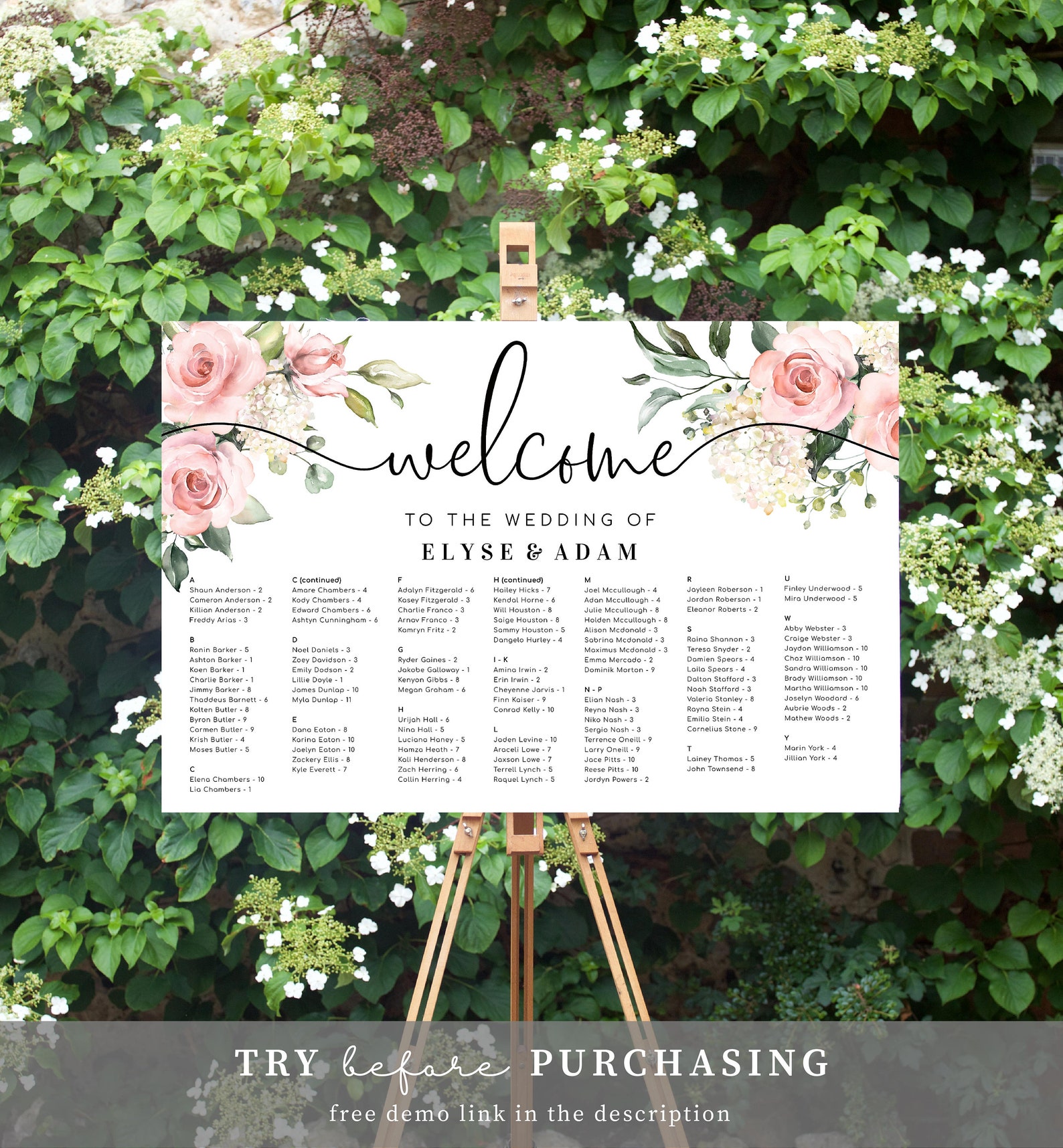 Alphabetical Seating Chart Sign, Blush Floral Wedding Table Plan ...