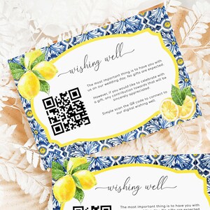 Carta del pozzo dei desideri stampabile con codice QR, carta con poesia di denaro per matrimoni, limoni di piastrelle blu Positano, inserto del pozzo dei desideri scansionabile digitale per matrimonio