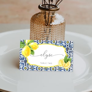 Puede incluir: Una tarjeta de sitio con un diseño de azulejos azules y limones. La tarjeta presenta el nombre "elyse" en cursiva, con "TABLE TWO" debajo. Limones amarillos y hojas verdes están en la tarjeta. La tarjeta está sobre un plato blanco con un jarrón de cristal en el fondo.