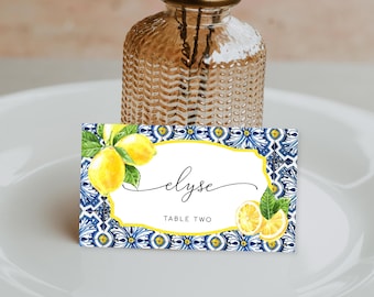 Positano Blue Tile Lemon Place Cards - Wedding Escort Cards - Italian Theme - Editable Table Name Cards - Food Label Cards
