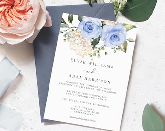 May include: Wedding invitation with a watercolor illustration of blue flowers. The invitation is for Elyse Williams and Adam Harrison, on Saturday, November 10th, 2020, at 2:00 PM at The Vineyard, 1622 Hill View Road, Yarra Valley. Dinner and dancing to follow.
