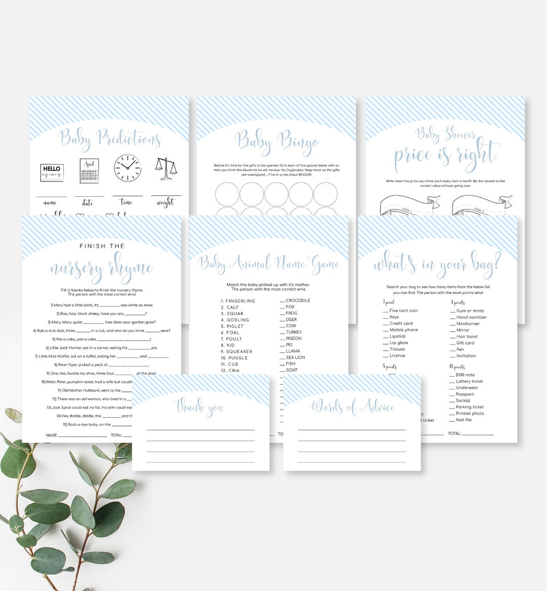 Blue Stripe Baby Shower Games Bundle – Printable & Editable (PDF) - Etsy