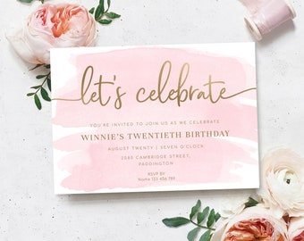 Let's Celebrate Printable Invite, Birthday Party Invite, Pink Watercolour, Girls Graduation Party Invite, Ladies Brunch Invite, Graduation