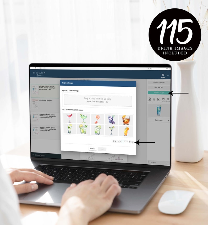 May include: A laptop screen displays a design interface with cocktail illustrations. The interface includes options to upload images and a circular graphic stating "115 DRINK IMAGES INCLUDED". A person's hands are visible, using the laptop.