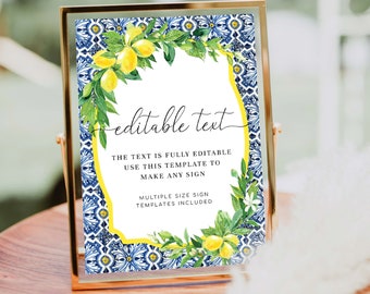 Positano Blue Tile Lemon Custom Text Sign Template, Printable Wedding Sign, Personalised Wording Bar Sign, Bridal Shower Sign