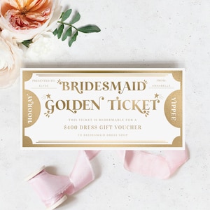 Brautjungfer Golden Ticket Benutzerdefinierte Gutschein Vorlage, druckbare Brautjungfer Vorschlag Geschenkgutschein, druckbare Geschenkgutschein, Margo