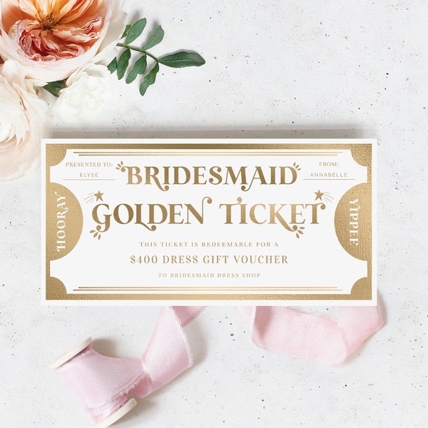 Bridesmaid Golden Ticket Custom Gift Voucher Template, Printable Bridesmaid Proposal Gift Certificate, Printable Present Coupon, Margo