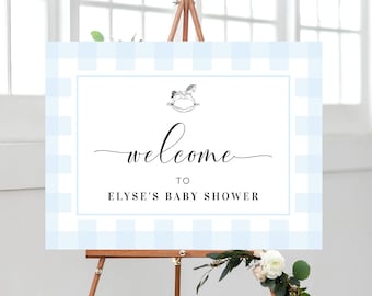 Blue Gingham Rocking Hose Welcome Sign Template, Boy Baby Shower Pale Blue Check Welcome Sign, Printable Blue Plaid Male Birthday Sign