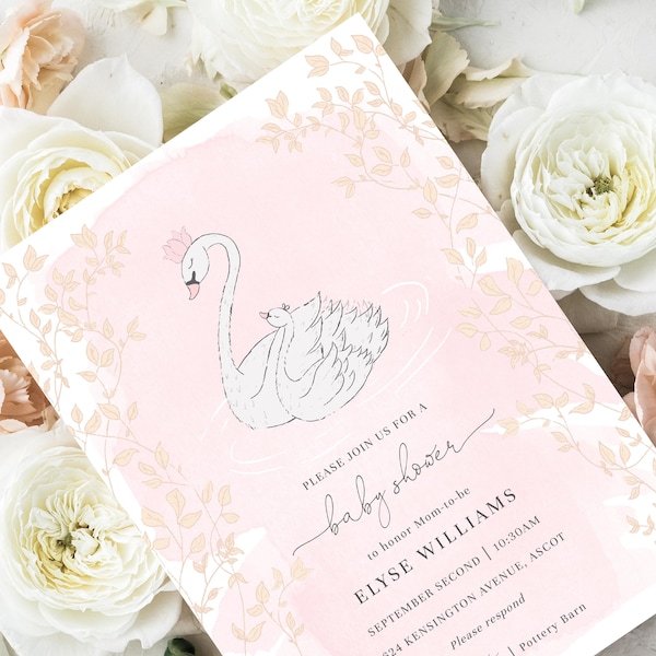 Swan Baby Shower Printable Invitation - Pink Girl Baby Shower - Swan Princess Invitation - Odette