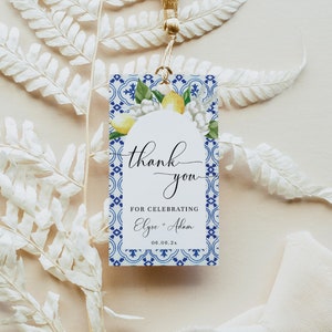 Printable Thank You Favor Tag, Mediterranean Blue Tile Lemons, Wedding Thank You Tags, Bridal Shower Thank You Gift Tag Favor Label, The Med