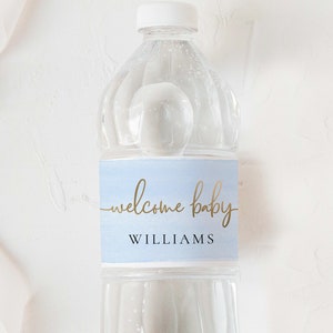 Printable Water Bottle Labels, Blue Watercolour, Welcome Baby Personalized Water Bottle Label, Boy Baby Shower Thank You Water Bottle Tag