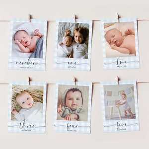 Afdrukbare banner eerste verjaardag foto tijdlijn, blauw gingang, fotokaarten 1e verjaardag, fotocollage eerste jaar, mijlpaal fototijdlijn
