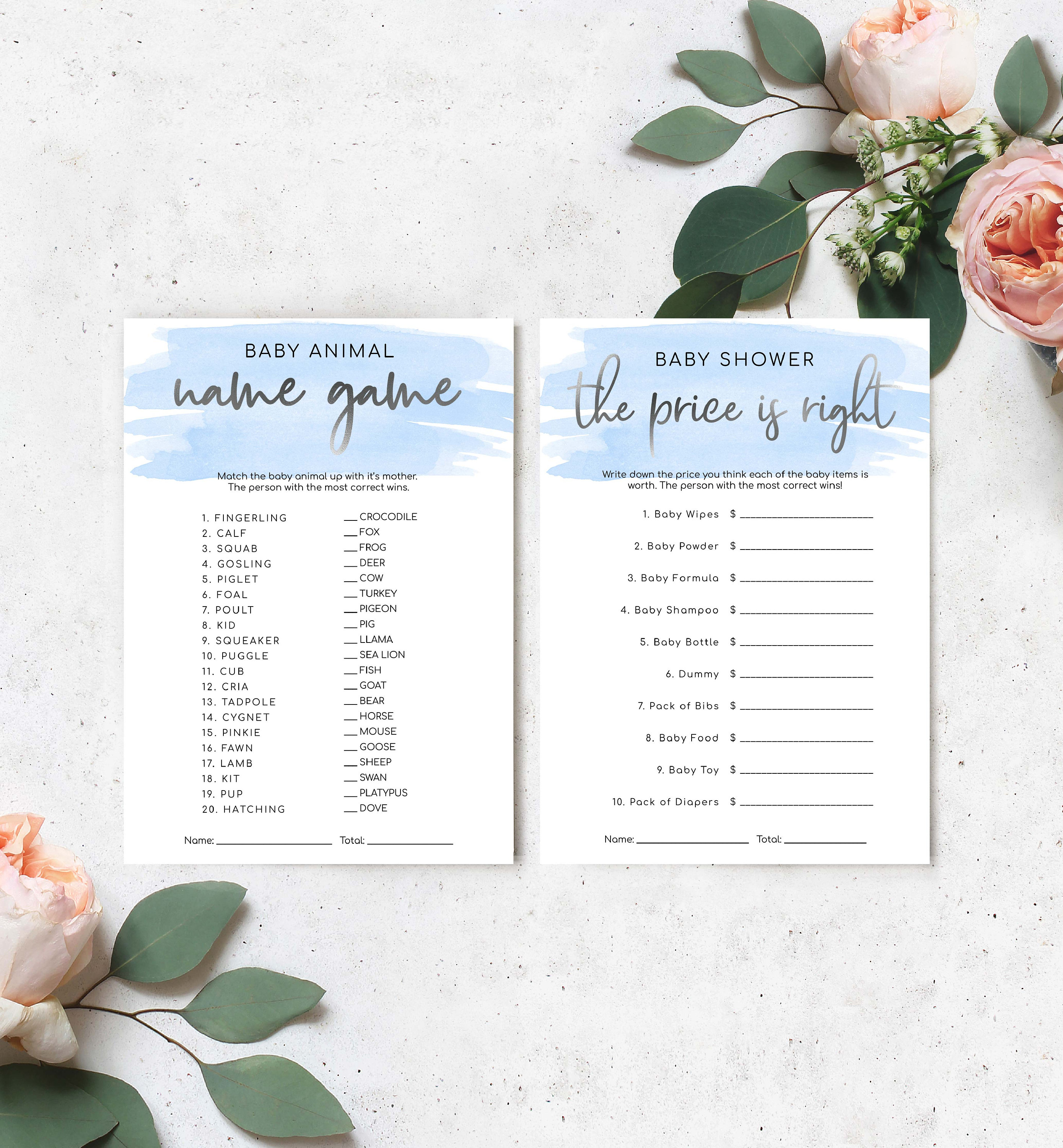 Printable Baby Shower Games Bundle, Blue Watercolour, Silver, Boy Baby ...