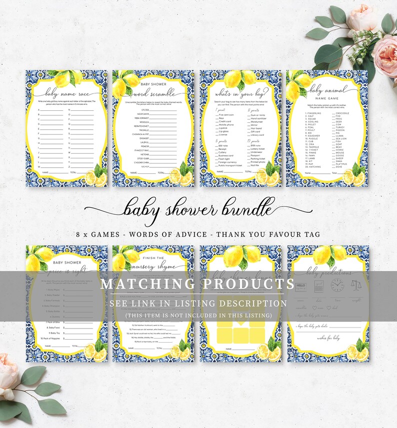 May include: A set of eight printable baby shower games featuring a lemon and blue tile pattern. The games include: Baby Name Game, Word Scramble, What's in Your Bag, Baby Animal Name Game, Price is Right, Finish the Nursery Rhyme, Baby Predictions, and Hello Baby.