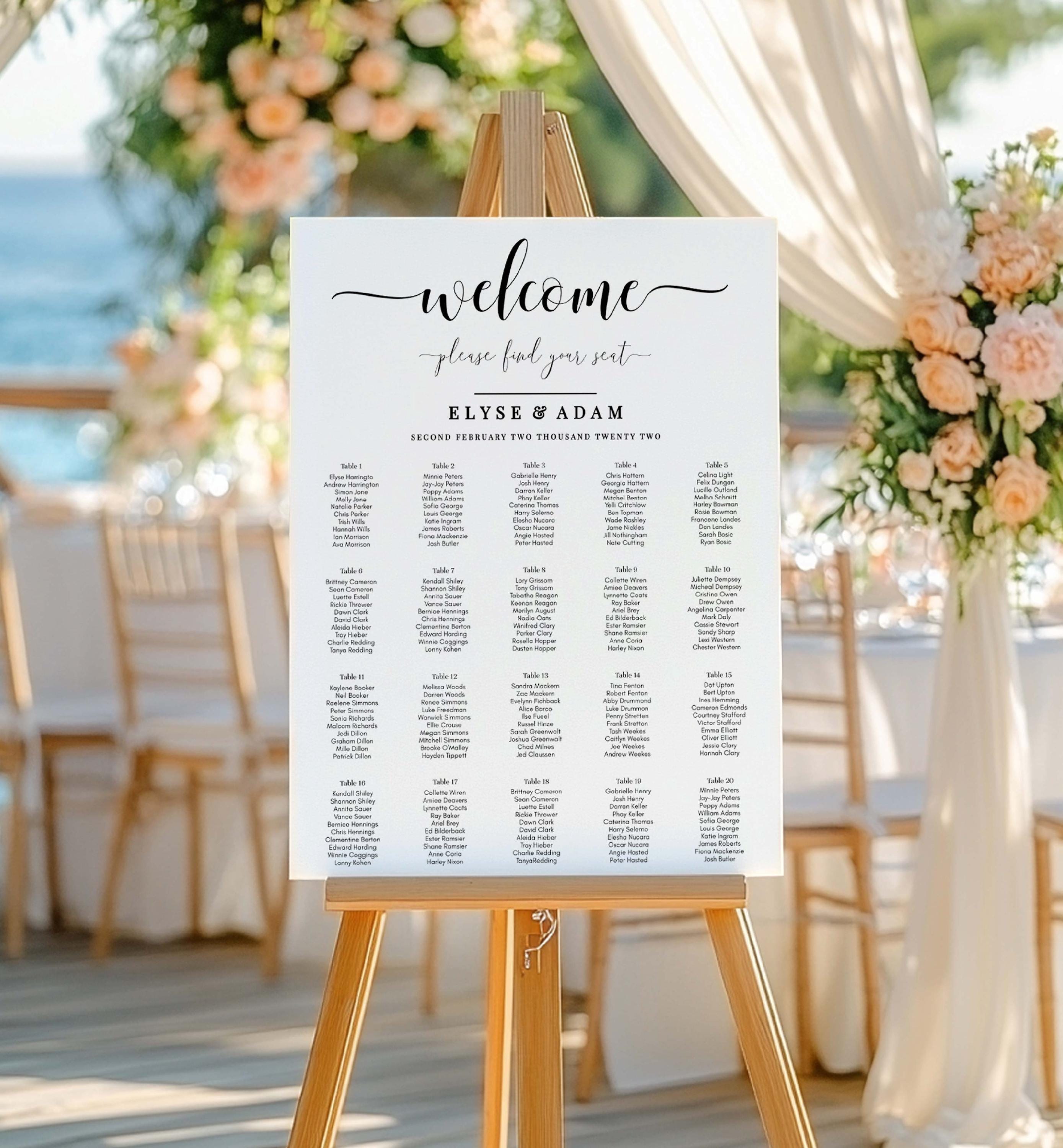 Printable 20 Table Wedding Table Plan Template, Modern Minimal Editable Seating Chart, Guest List Seating Plan Poster, Leyton Script