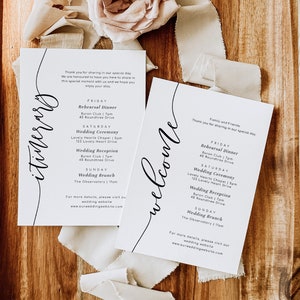 May include: Two white cards with black text outlining the schedule for a wedding weekend. The cards are titled "Itinerary" and "Welcome". The text includes the dates, times, and locations for the rehearsal dinner, wedding ceremony, wedding reception, and wedding brunch.
