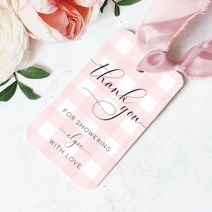 Editable Thank You Favour Tag Template, Pink Gingham BBQ Baby Shower Favour Tag, Baby Girl Pink Gingham Picnic Theme Shower