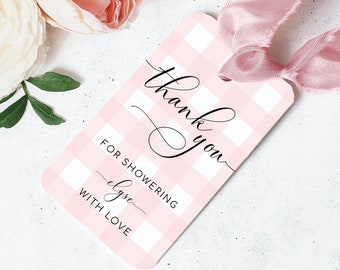 Editable Thank You Favour Tag Template, Pink Gingham BBQ Baby Shower Favour Tag, Baby Girl Pink Gingham Picnic Theme Shower