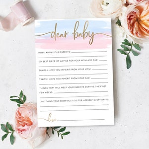 Editable Baby Dear Baby Game, Pink Blue Watercolour Wishes for Baby Shower Game, Gender Neutral Couples Baby Shower Game, Gold Foil