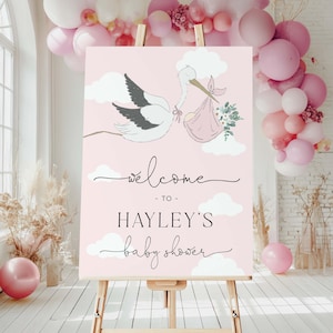 Pink Stork Welcome Sign Template, Printable Pink Girl Cloud Baby Shower Welcome Sign, Baby Shower By Mail, Girl Baby Shower