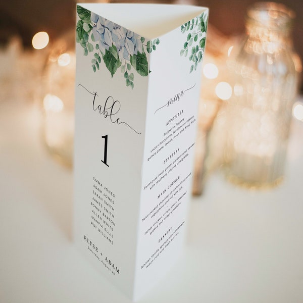 Table Number and Menu Template, Elegant Wedding Tri-Fold Menu, Editable Blue Hydrangea Wedding Menu, Seating Chart Card, Dinner Menu, Ferras