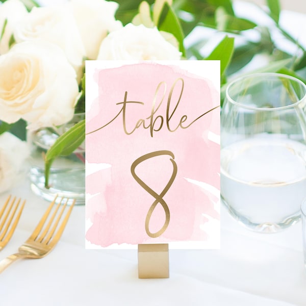 Printable Table Numbers, Pink Watercolour Gold Foil 1 - 21 Table Numbers, Editable Wedding Seating Chart Cards,