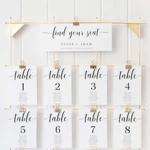 Tarjetas de plano de asientos imprimibles, números de mesa de boda minimalistas modernos, tarjetas de plano de asientos de mesa, números de mesa con nombres de invitados, Leyton