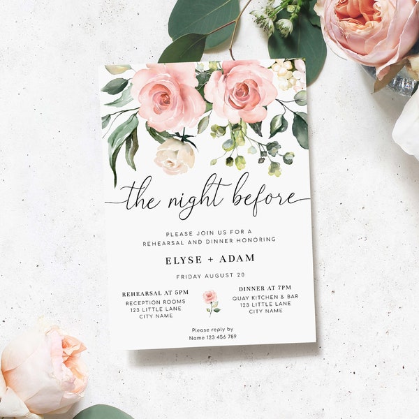 Printable Rehearsal Dinner Invitation Template, Blush Floral Wedding Rehearsal Dinner Invitation, The Night Before Invite, Darcy Floral