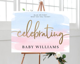 Watercolor Gender Reveal Welcome Sign Printable Template, Pink Blue, Faux Gold Foil (Digital Download)