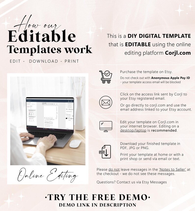 K&ouml;nnte beinhalten: Eine rosa und wei&szlig;e Grafik mit dem Text "How our Editable Templates work" und "EDIT - DOWNLOAD - PRINT". Die Grafik enth&auml;lt auch Anweisungen zur Verwendung der Corjl.com-Plattform zum Bearbeiten und Herunterladen digitaler Vorlagen.