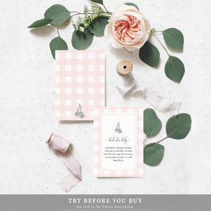 May include: A pink and white gingham card with a black and white illustration of a stack of books with a bunny on top. The card says "Books for Baby" and includes a message asking guests to bring a book instead of a card.