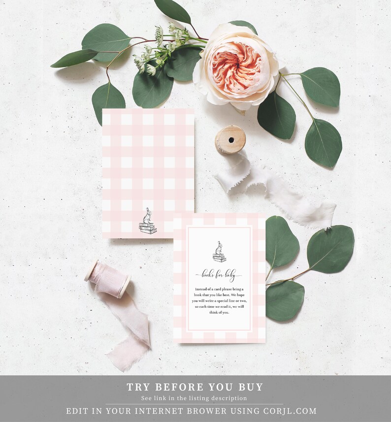 May include: A pink and white gingham card with a black and white illustration of a stack of books with a bunny on top. The card says "Books for Baby" and includes a message asking guests to bring a book instead of a card.