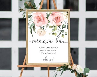 Blush Floral Mimosa Bar Sign, Printable Bridal Shower Mimosa Bar Sign, Greenery Mimosa Bar Sign, Baby Shower Mimosa Bar Sign, Darcy Pink