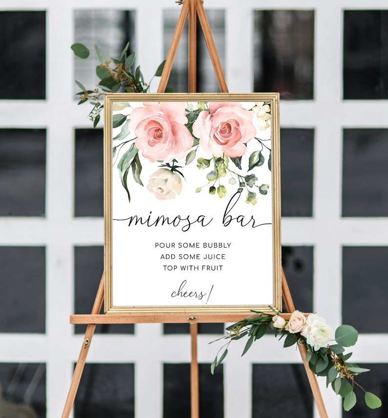 Blush Floral Mimosa Bar Sign, Printable Bridal Shower Mimosa Bar Sign, Greenery Mimosa Bar Sign, Baby Shower Mimosa Bar Sign, Darcy Pink image 1