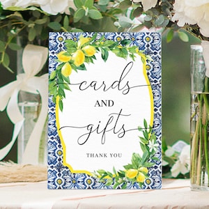 Cartes et cadeaux Enseigne imprimable, carreau de majolique bleue de Positano, citron italien, enseigne de table cadeau baby shower, enseigne de table cadeau baby shower