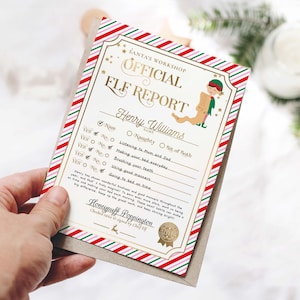Op de afbeelding: Een kerstthema "Officieel Elf Rapport" met rood, wit en groen gestreepte randen. Het rapport, ondertekend door "Chief Elf", bevat een naam en vinkjes voor goed gedrag. Een cartoon elf is afgebeeld.