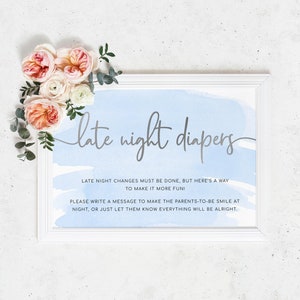 Late Night Diapers Sign, Blue Watercolour Printable Baby Shower Games Sign, Silver Foil, DIY Baby Shower