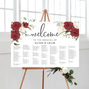 Segno di grafico dei posti a sedere in ordine alfabetico, piano del tavolo di nozze floreale rosa rossa, modello di grafico dei posti a sedere in ordine alfabetico modificabile, poster del piano dei posti a sedere Darcy