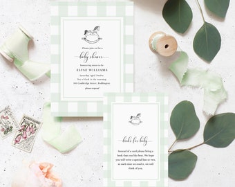 Babyshower uitnodiging hobbelpaard, groen gingang (afdrukbare sjabloon)