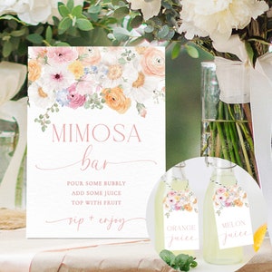 Wildflower Mimosa Bar Sign and Juice Tags, Printable Bridal Shower Cocktail Menu, Boho Floral Baby Shower Mimosa Bar Sign, Millie